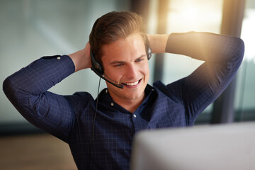 Call center, contact us and businessman stretching with relief in office for crm, faq and b2b...