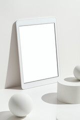White blank screen digital tablet mockup, template with geometric objects