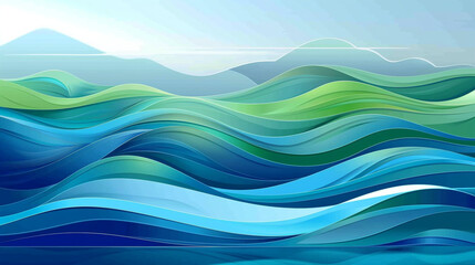 Lakeside scene with abstract waves against cool blue and green backdrop.