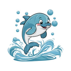 Obraz premium Vector cute cartoon dolphin jumping out of water on a white background