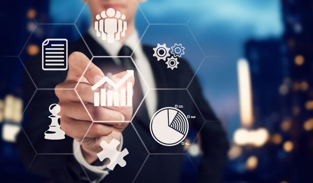 Increasing productivity concept. business man with icons