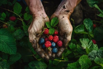 Diligent Berries farmer hands. Farmer holding fruits. Generate Ai