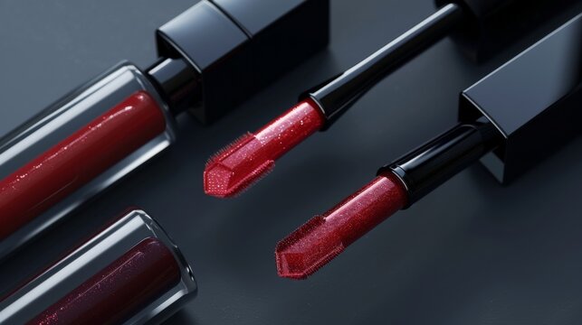 Sleek lip gloss tube with brush, set in a minimalist setting, focusing on its glossy finish that enhances lip seductiveness