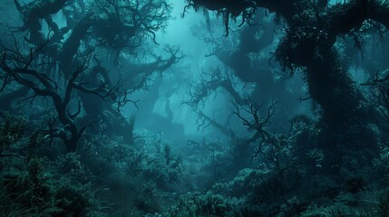 Fototapeta na wymiar The dark and mysterious underwater forest