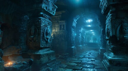 The dark and mysterious temple is illuminated by a single light source. The walls are adorned with intricate carvings, and the floor is covered in water.