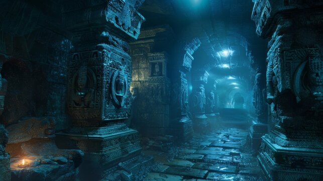 The dark and mysterious temple is illuminated by a single light source. The walls are adorned with intricate carvings, and the floor is covered in water.