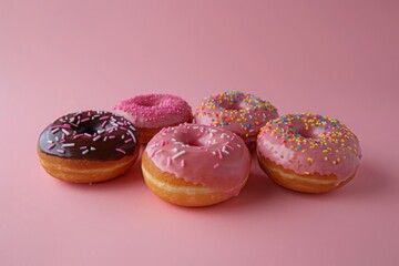A group of five donuts with pink and chocolate icing, adorned with colorful sprinkles, arranged on a pink background. National Donut Day promotions