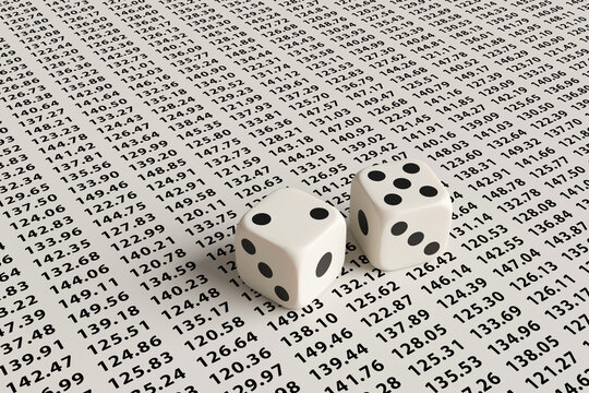 Two black and white rolling dice on a sheet full of floating point numbers. Illustration of the concept of change of stock prices, investment speculation, probability and statistics
