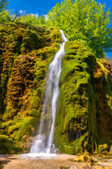 “Dreimühlen“ waterfall formed of limestone deposits of 3 carbonate spring tributaries of the...