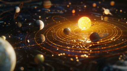 A holographic interface projecting a three-dimensional model of the solar system, with planets orbiting the sun in perfect synchronization, offering a glimpse into the wonders of space.