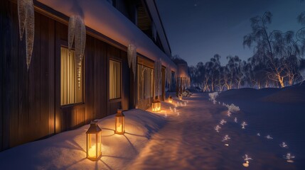 The exterior of a Nordic home after a fresh snowfall, icicles hanging from the eaves, the path to...