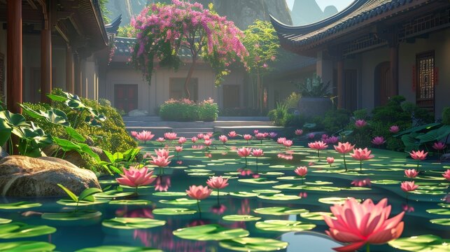 The image is a beautiful Chinese courtyard with a pond full of lotus flowers