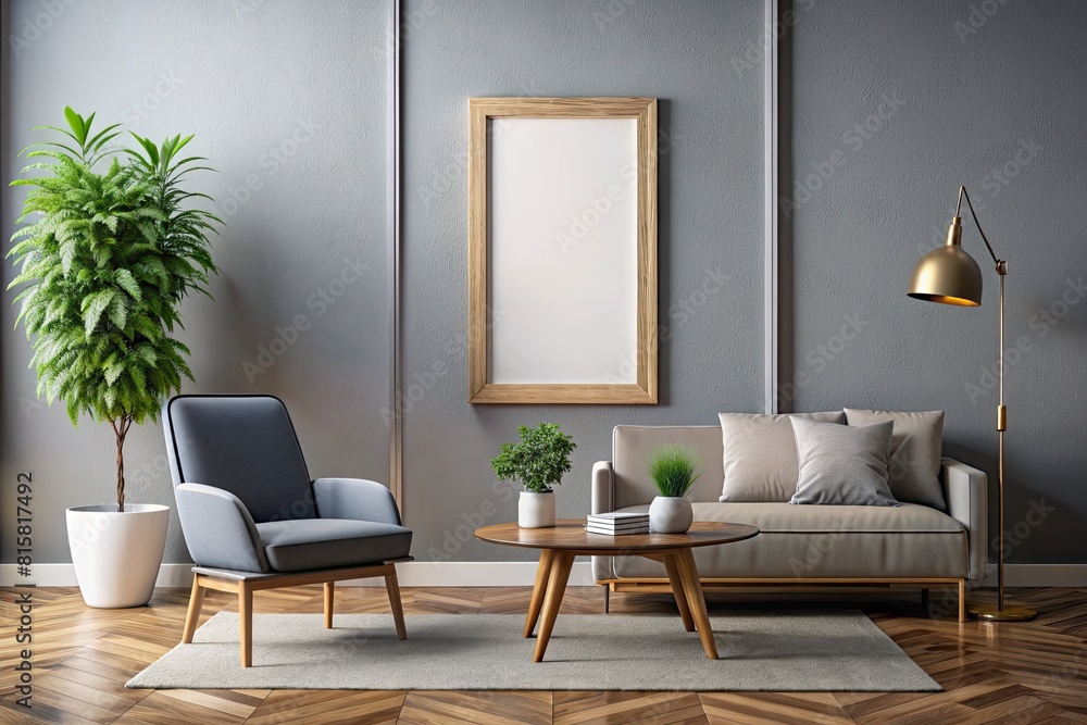 Sticker Interior of modern living room with gray walls, wooden floor, comfortable gray sofa, coffee table and vertical mock up poster frame.