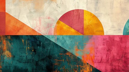 A digital art piece of minimalist, geometric shapes in pastel tones on a rich, colorful background