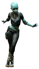 3D Rendering Green Alien Girl on White