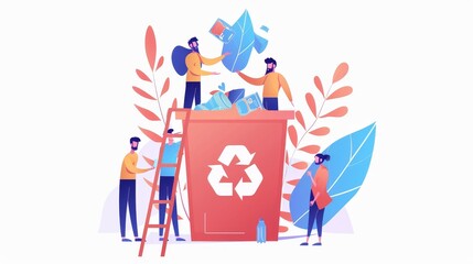 Recycling plastic trash into recycling bins. Tiny characters sort garbage into huge containers. Concept of environmental pollution. Linear cartoon flat modern illustration.