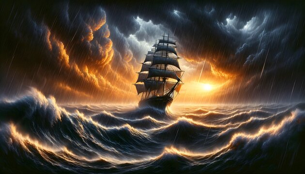 An ancient ship battles through a raging sea under fiery skies, illustrating a timeless struggle against nature's might. 