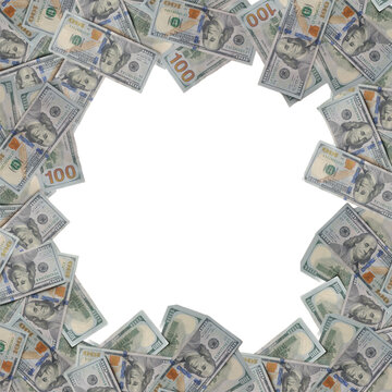 A large amount of money is spread out in a circle The money is in various denominations, including 100 bills. Concept of wealth and abundance, as well as the idea of financial security