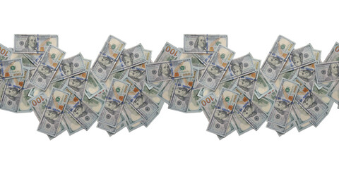 A line of money is shown in various denominations, including 100 bills. Concept of wealth and...