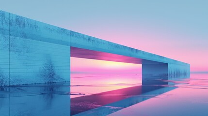A digital illustration of a minimalist bridge architecture, with smooth lines and pastel sky at dusk