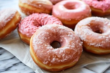 An assortment of donuts with pink and white icing, some decorated with colorful sprinkles and others with a dusting of powdered sugar. Perfect for National Donut Day celebrations