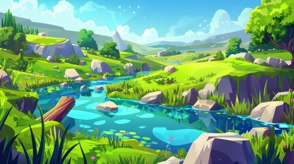 This concept illustration features a mountain valley scene with a lake, floating log, and hills and rocks on the horizon. It is an illustration of a summer landscape with a river, meadows, grass and