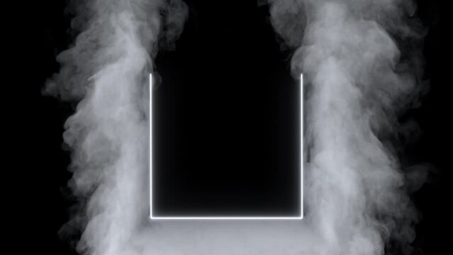 An empty neon flickering square frame with rising white smoke in a seamless loop on black background.