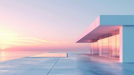 A minimalist architecture scene at sunrise, with pastelcolored sky and sleek, modern lines