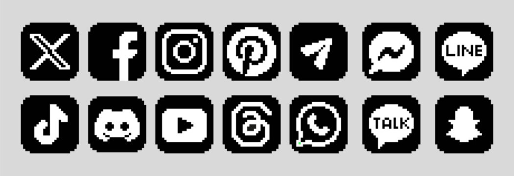 Collection set popular social media icons in pixel art style, vector illustration.
