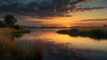 a tranquil lakeside scene at sunset