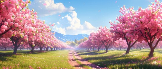 The photo shows a beautiful landscape with cherry blossom trees in full bloom
