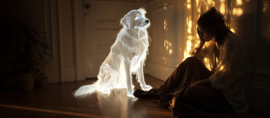 a girl sits next to an illuminescent dog. The illustration reveals the theme of experiences and losses.
