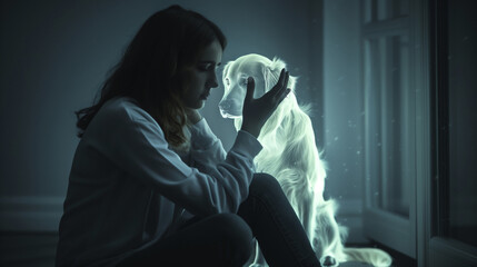 a girl sits next to an illuminescent dog. The illustration reveals the theme of experiences and losses.
