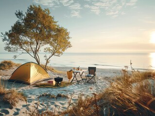 beach camping scene, tent, camping table, camping chairs, barbecue grill, seaside