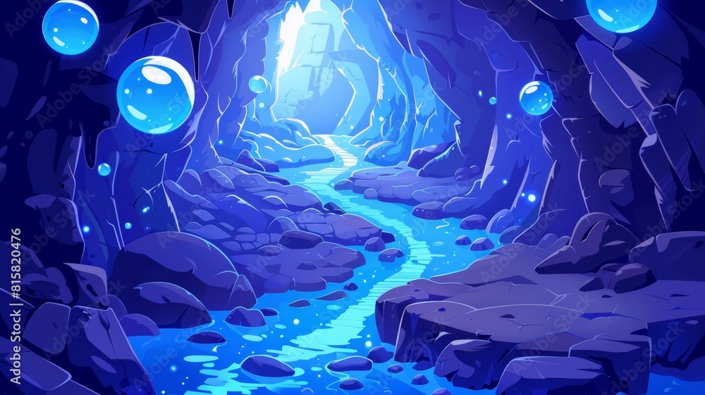 Poster dark toxic cave cartoon game background with path through poisonous river flow. adventure level in s