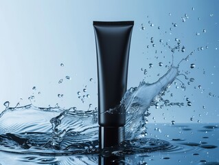 Mockup of a tube for waterproof cosmetics, showcased against a backdrop with splashing water, emphasizing its durability and protection