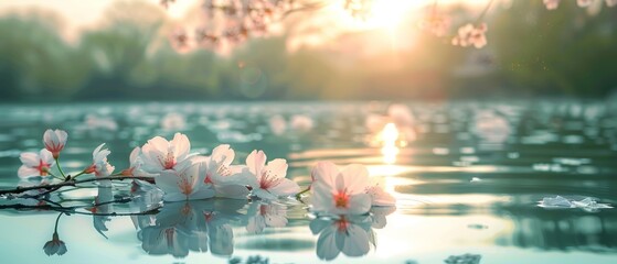 The photo shows some white and pink cherry blossoms floating on the surface of a lake with blurred background of a forest and the setting sun.