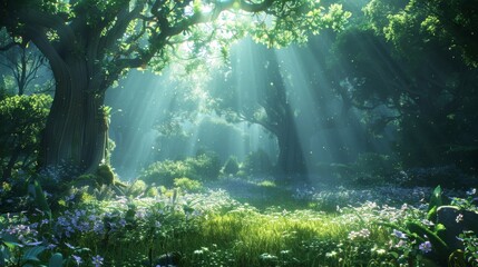 The photo shows sun rays shining through the trees in a dense green forest with violet flowers on...