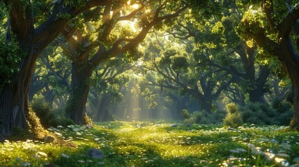 The photo shows the sun shining through the trees in a forest.