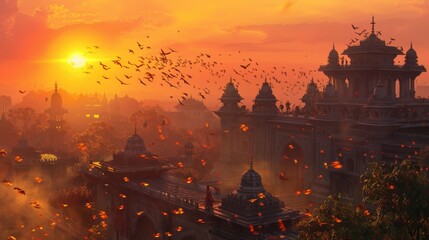 The setting sun casts a golden glow on the ancient city.