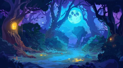 Cartoon modern halloween scene with ghost and firefly in night forest, spooky spooky character on road and moonlight beam illustration. Glowing nature background.