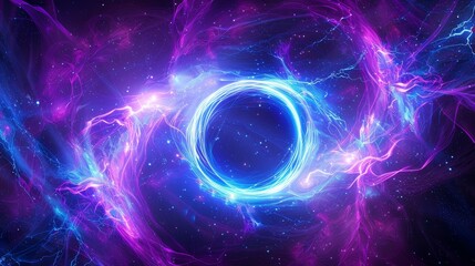 Modern illustration of a hyperspace jump through vibrant tunnel into black holes, fast speed motion effect, teleporting through space galaxies.