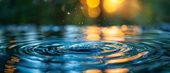 Water drop creates circular ripples in pond with blurred sunset in background
