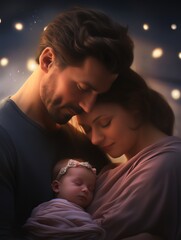 Craft a digital CG 3D image showcasing a couple embracing their newborn baby, using soft lighting and realistic details to bring out the joy and intimacy in their expressions