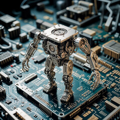 Advanced Edit Concept: Modern Authentic Robotic Arm Holding Contemporary Super Computer Processor Moving into Focus. CPU Microchip