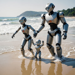 Father, mother and child robots playing in the sea.happy family