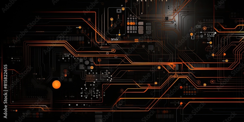 Aufkleber black and orange computer circuit board with lines and dots