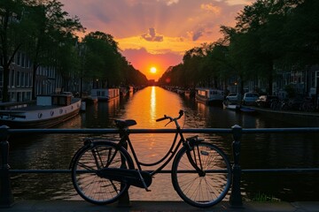 Serene Bicycle amsterdam bridge sunset. Sky water. Generate Ai