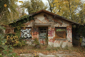 Old Abandoned House Covered in Graffiti and Overgrown Vegetation.