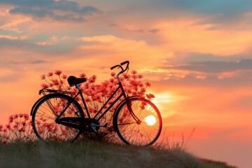 Obraz premium Tranquil evening bike ride through vibrant sunset silhouette, surrounded by wildflowers and beautiful nature, in a serene and scenic rural landscape